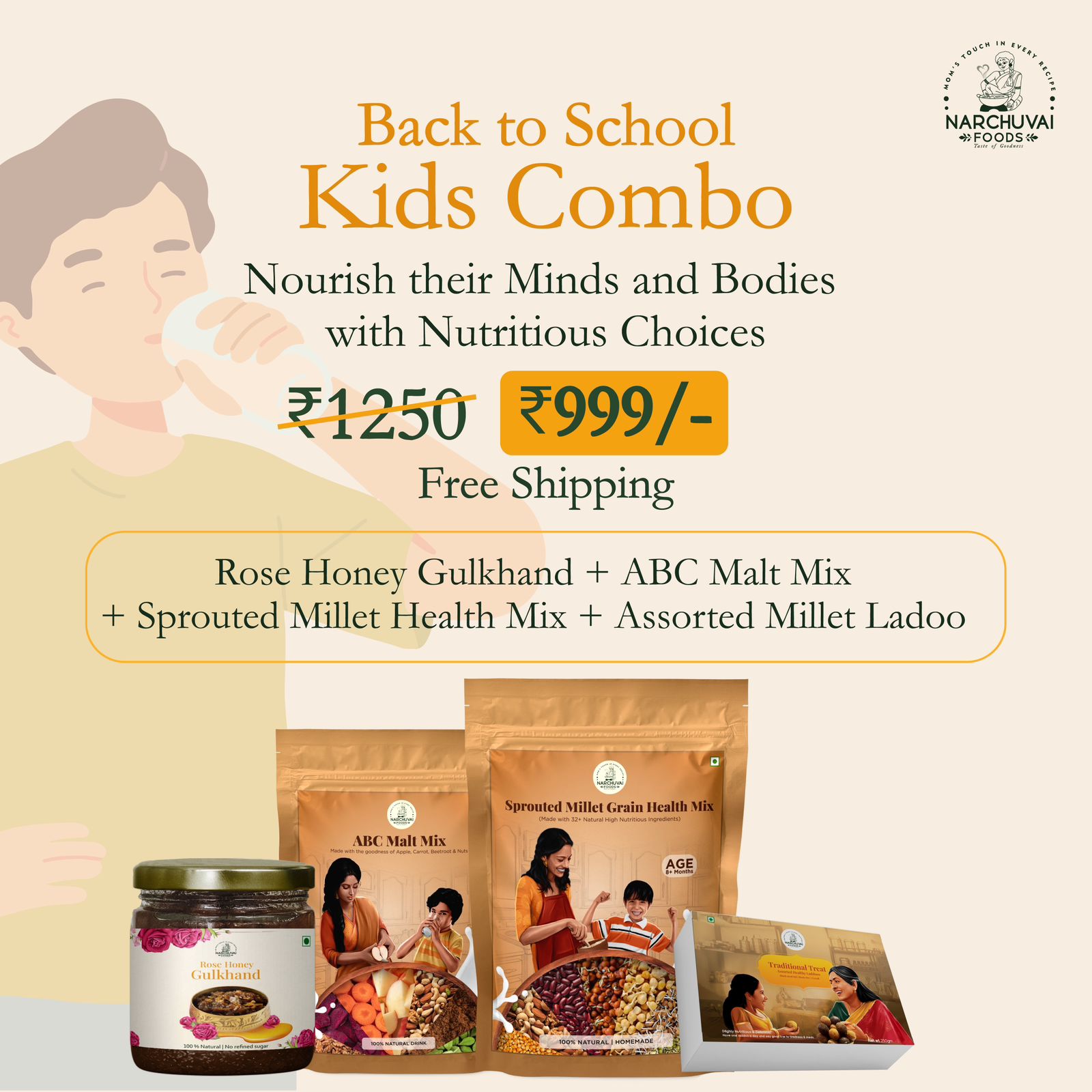 Kids Combo (ABC Malt Mix + Sprouted Millet Grain Health Mix + Assorted Millet Laddoos + Rose Honey Gulkhand)